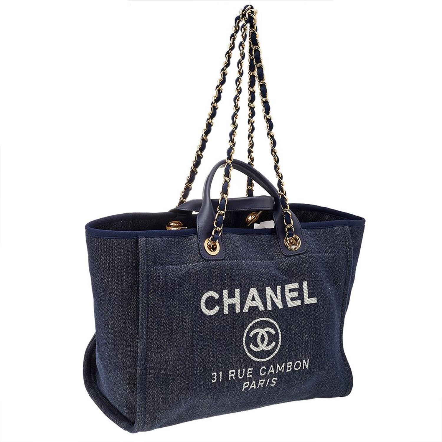 Hornet longing Posterity Chanel Navy Blue Denim Large Deauville Shopping Tote at 1stDibs