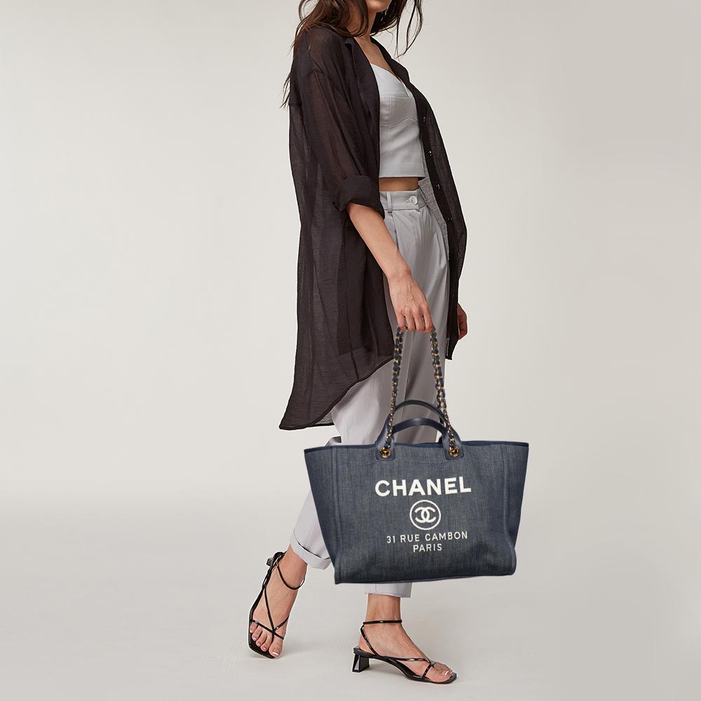 Black Chanel Navy Blue Denim Large Deauville Shopping Tote