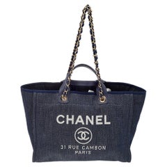 Used Chanel Navy Blue Denim Large Deauville Shopping Tote