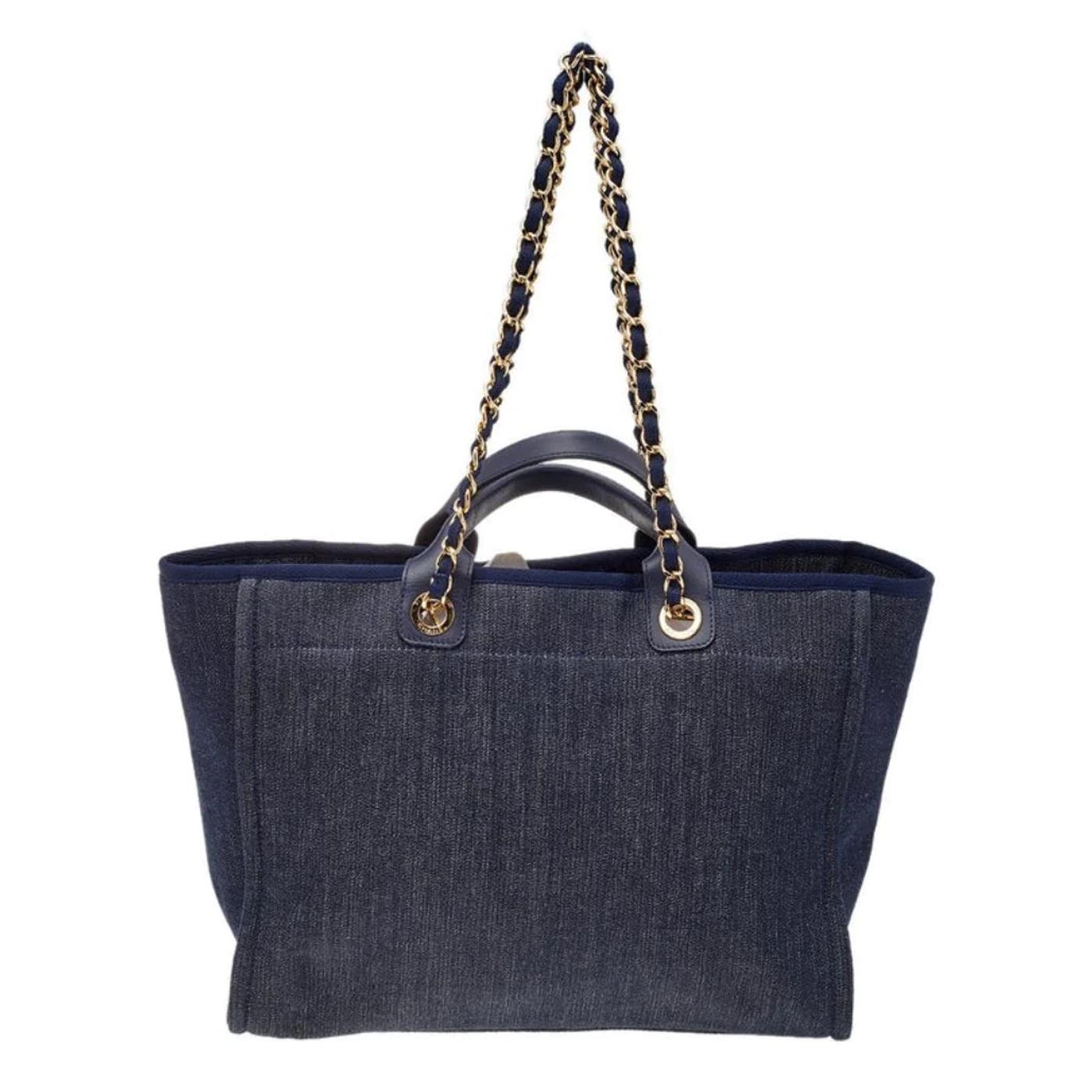 Chanel Navy Blue Denim Large Deauville Shopping Tote Silver Hardware In Good Condition For Sale In Aventura, FL