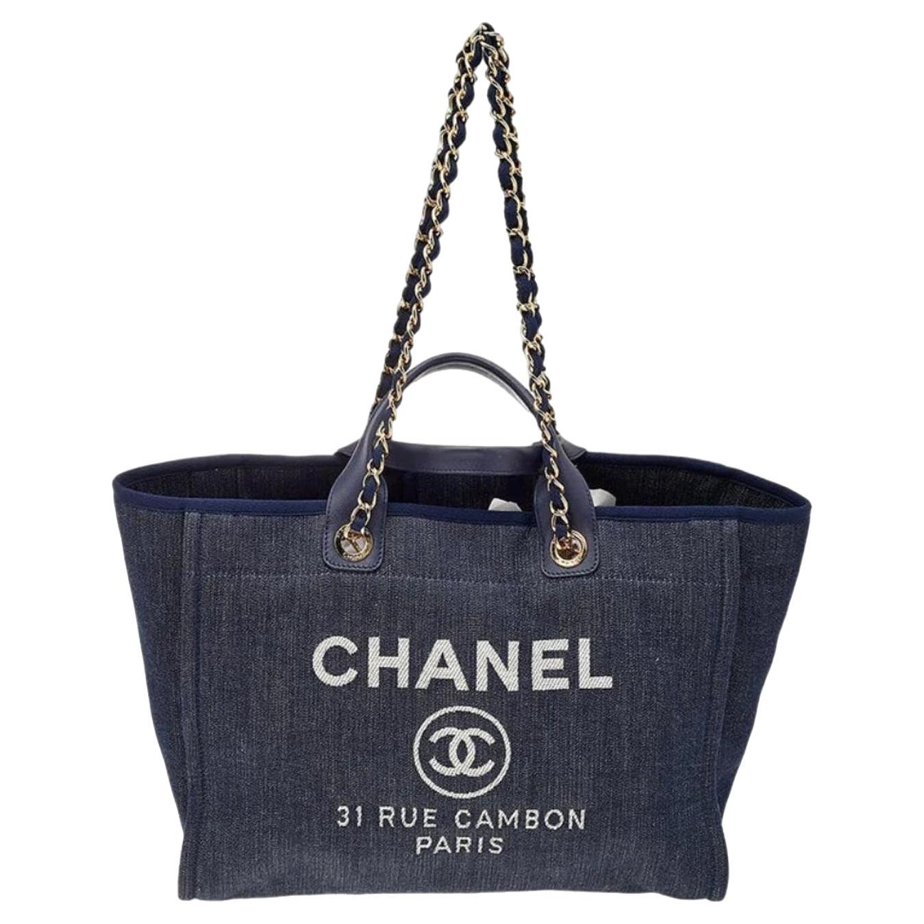 Chanel Navy Blue Denim Large Deauville Shopping Tote Silver Hardware en vente