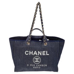 Chanel Navy Blue Denim Large Deauville Shopping Tote Silver Hardware
