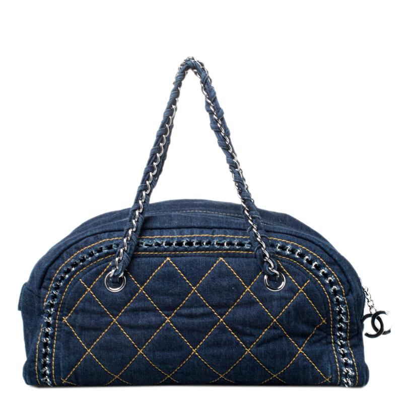 Black Chanel Navy Blue Denim Medium Chain Trim Luxe Ligne Bowler Bag