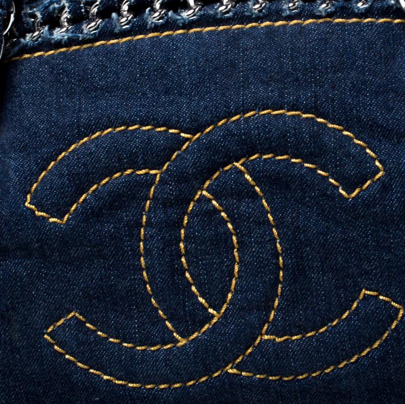 Chanel Navy Blue Denim Medium Chain Trim Luxe Ligne Bowler Bag 2