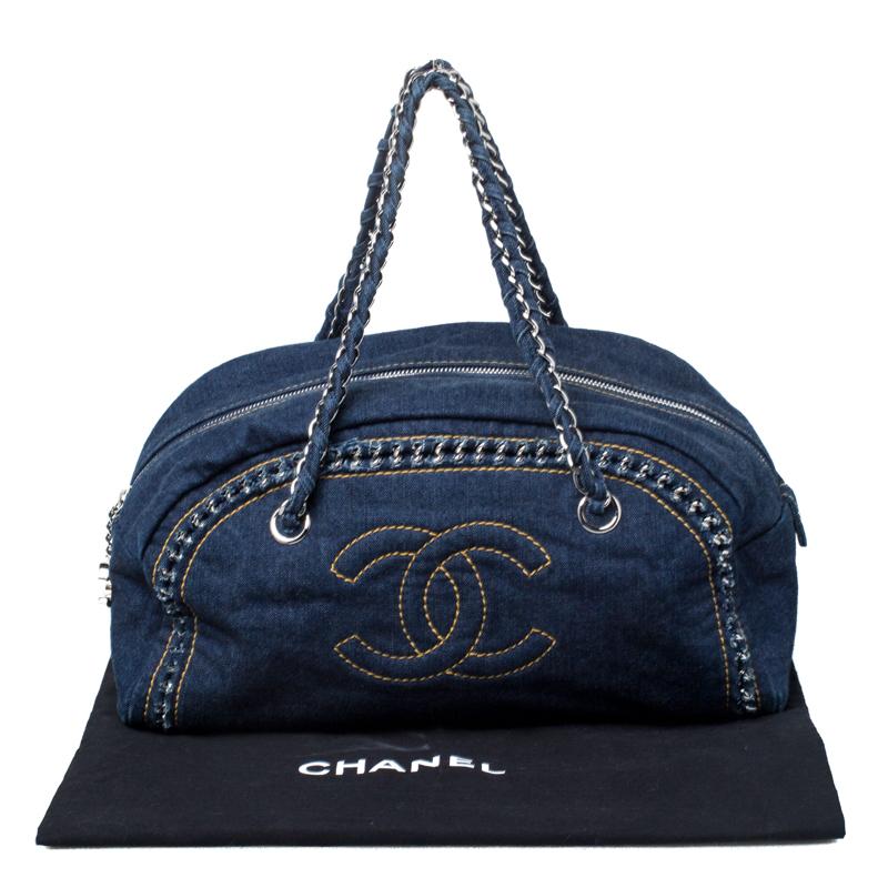 Chanel Navy Blue Denim Medium Chain Trim Luxe Ligne Bowler Bag 3