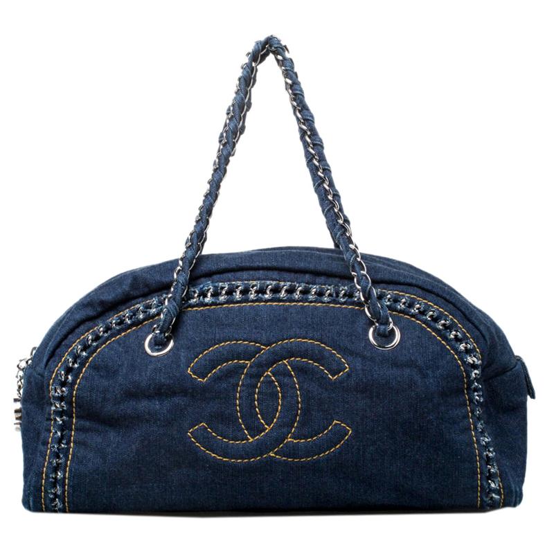 Chanel Navy Blue Denim Medium Chain Trim Luxe Ligne Bowler Bag