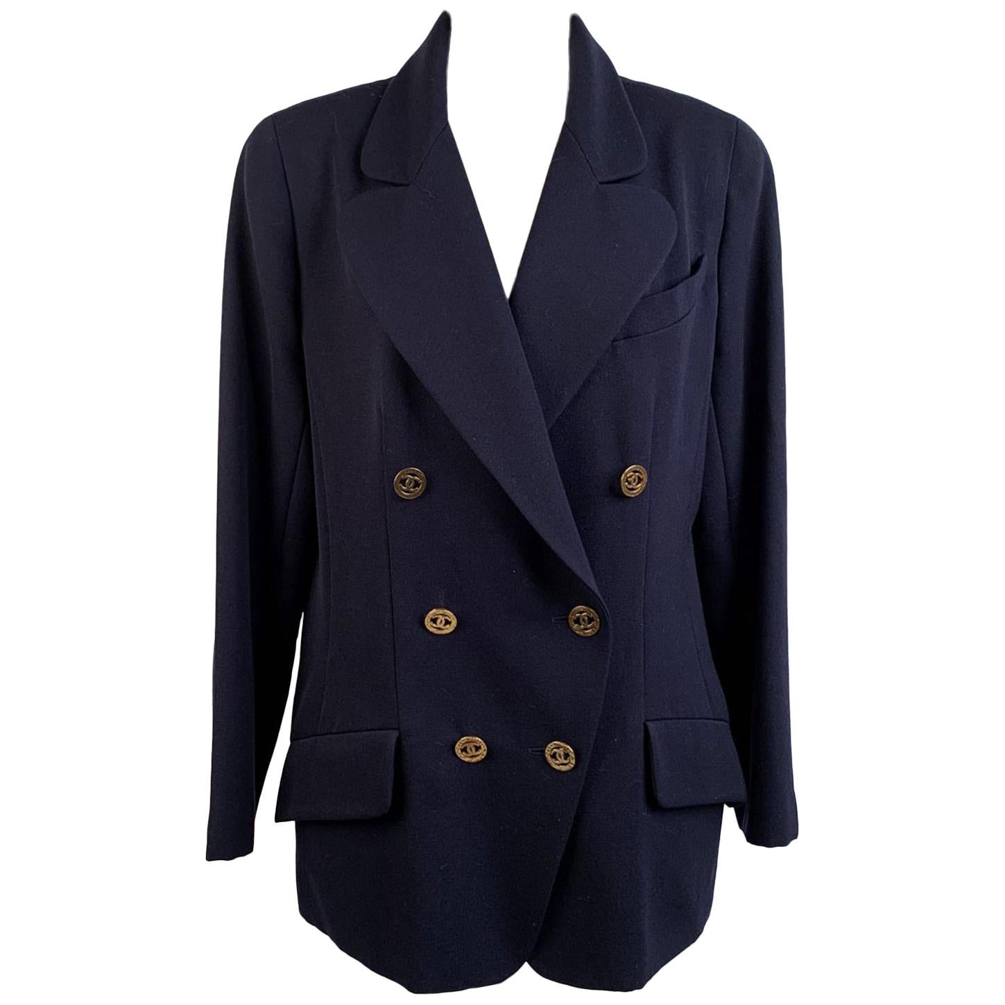 Chanel Navy Blue Double Breasted Blazer Jacket CC Buttons