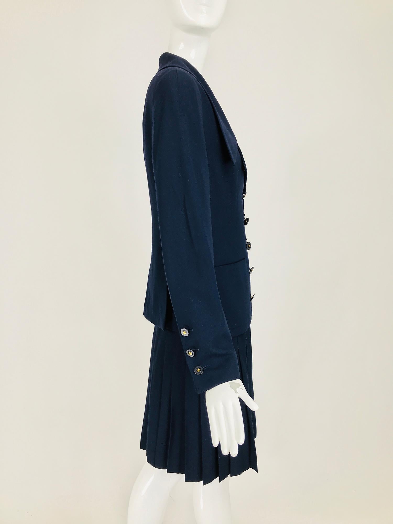 Black Chanel Navy Blue Double Breasted Jacket and Pleated skirt 1994P