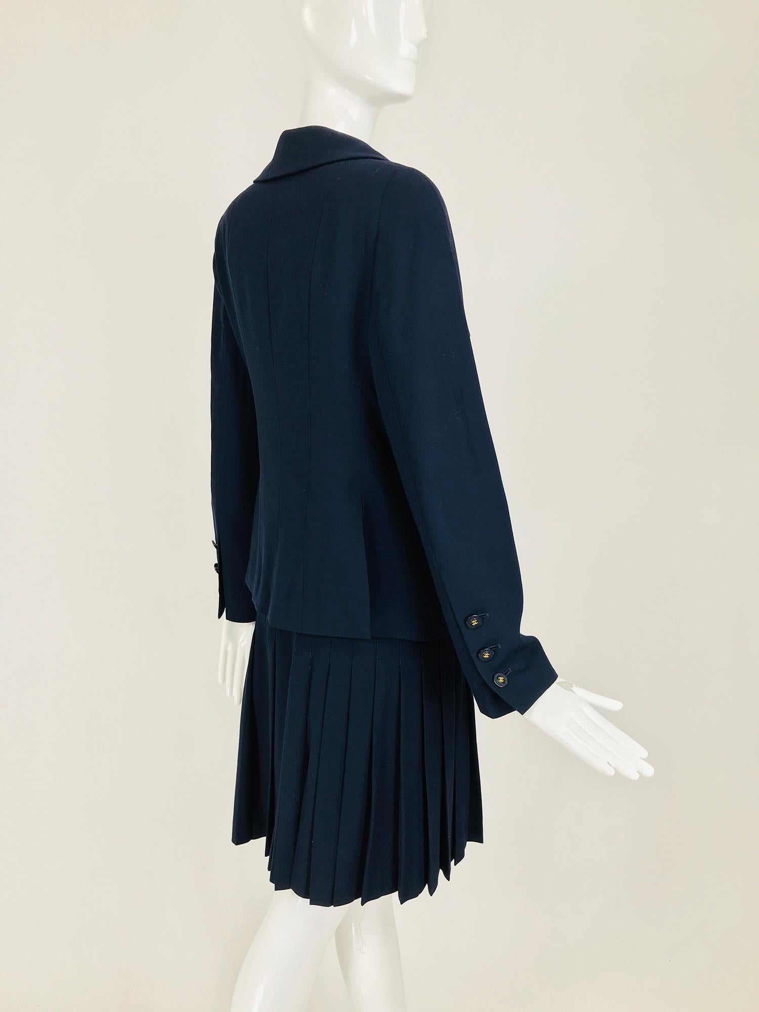 Chanel Navy Blue Double Breasted Jacket and Pleated skirt 1994P In Good Condition In West Palm Beach, FL