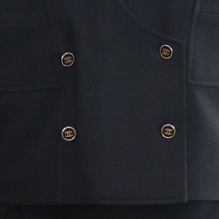 Chanel Navy Blue Double Knit Jacket and Skirt Set w/ Logo Buttons Circa  1990s For Sale at 1stDibs