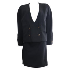 Chanel Navy Blue Double Knit Jacket & Skirt Set w/ Logo Buttons Circa 1990s