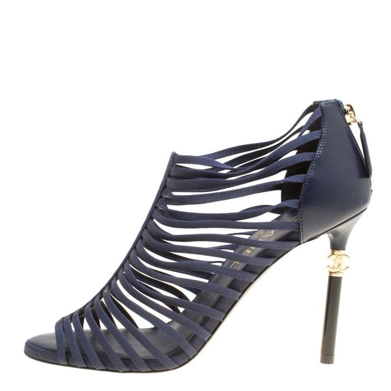 Chanel Navy Blue Fabric and Leather CC Heels Strappy Caged Booties Size ...