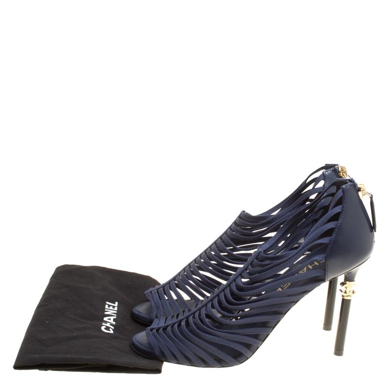 Chanel Navy Blue Fabric and Leather CC Heels Strappy Caged Booties Size 37 2