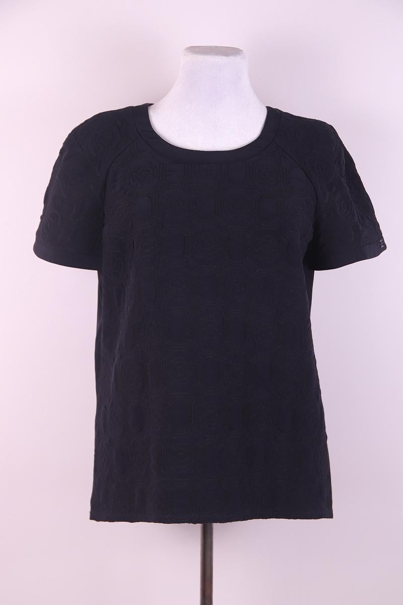 Chanel Navy Blue Floral Quilted Silk Top For Sale 4
