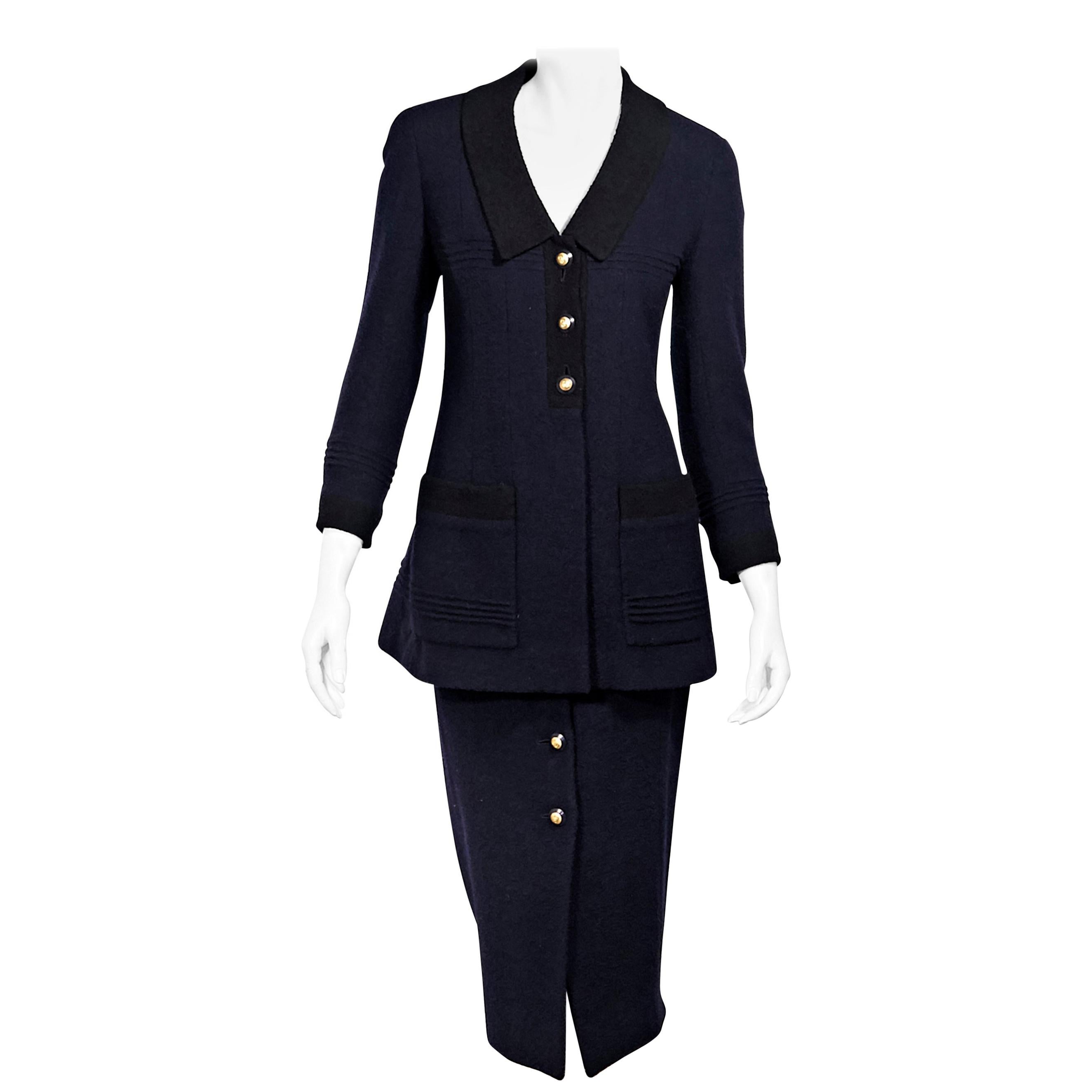 Chanel Navy Blue FW 1993 Boucle Wool Skirt Suit Set