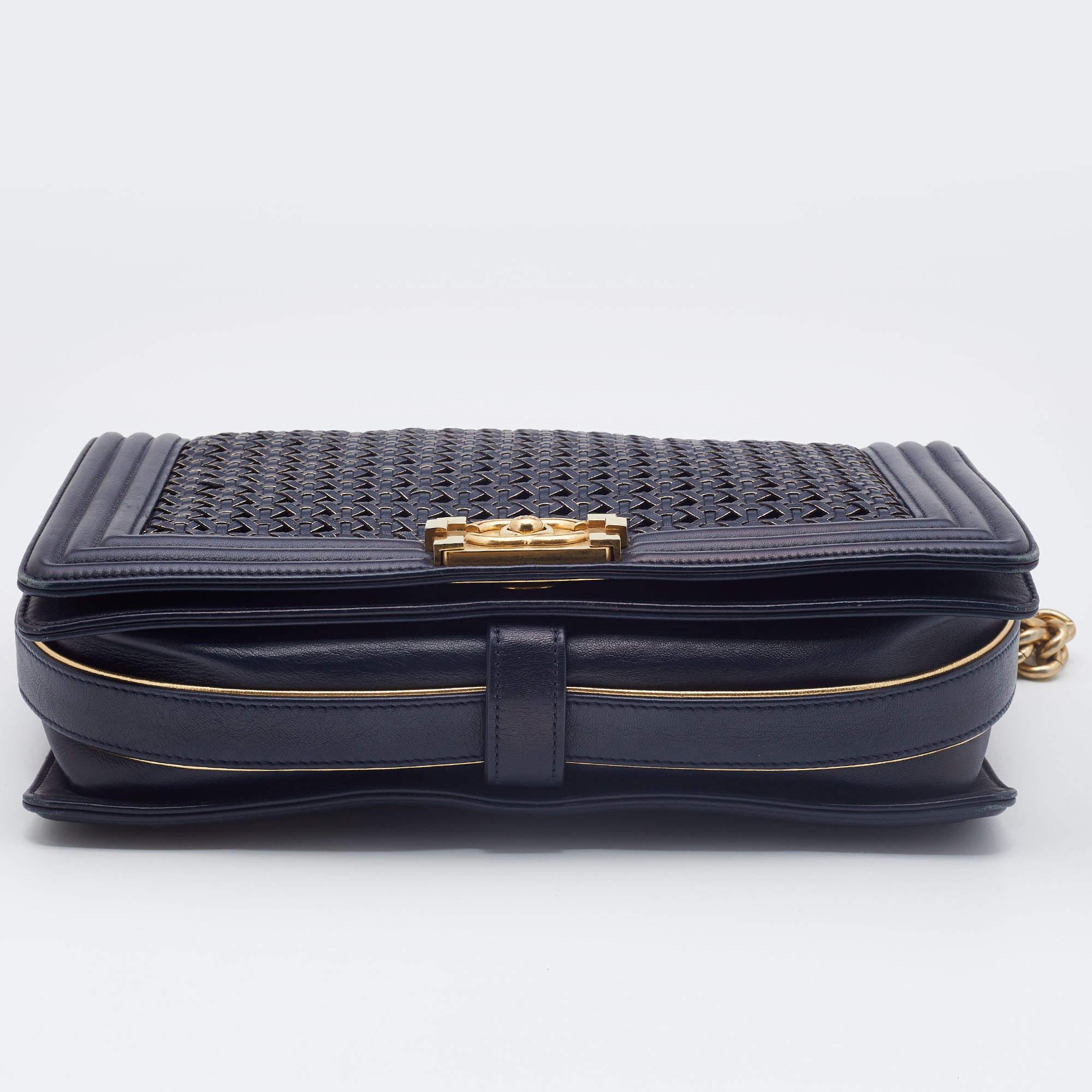Chanel Navy Blue/Gold Woven Leather New Medium Boy Bag 6