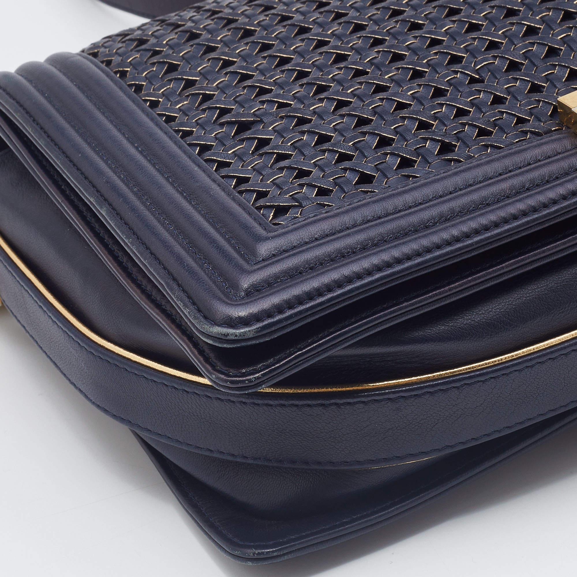Chanel Navy Blue/Gold Woven Leather New Medium Boy Bag 7