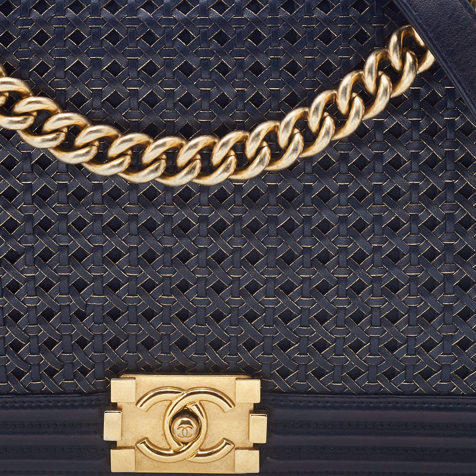 Chanel Navy Blue/Gold Woven Leather New Medium Boy Bag 8