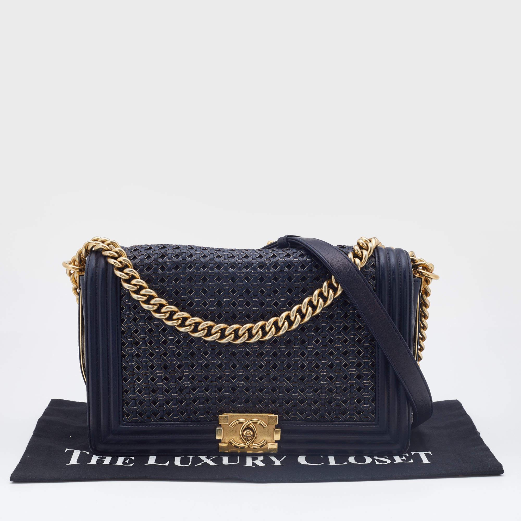 Chanel Navy Blue/Gold Woven Leather New Medium Boy Bag 9