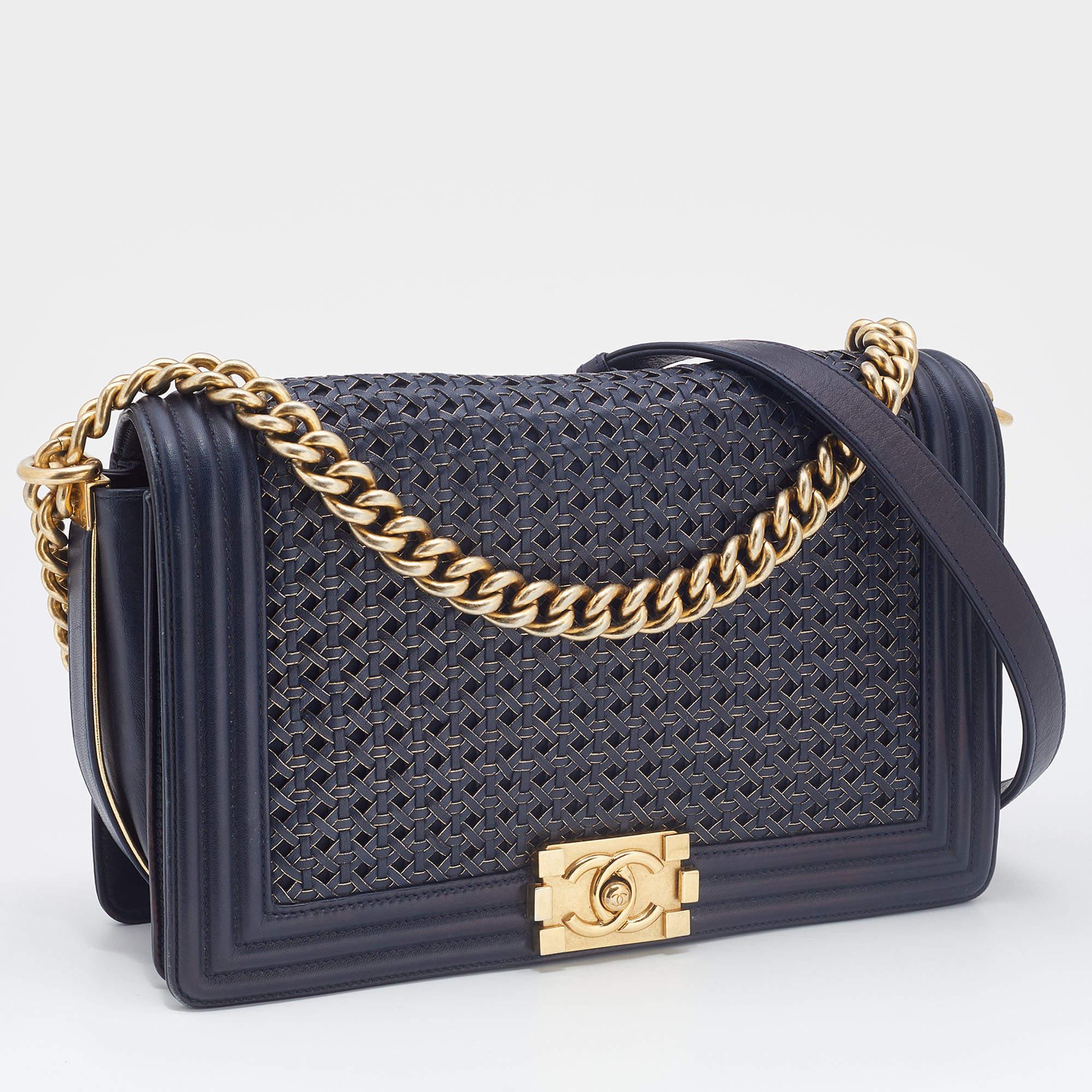 Chanel Navy Blue/Gold Woven Leather New Medium Boy Bag In Good Condition In Dubai, Al Qouz 2