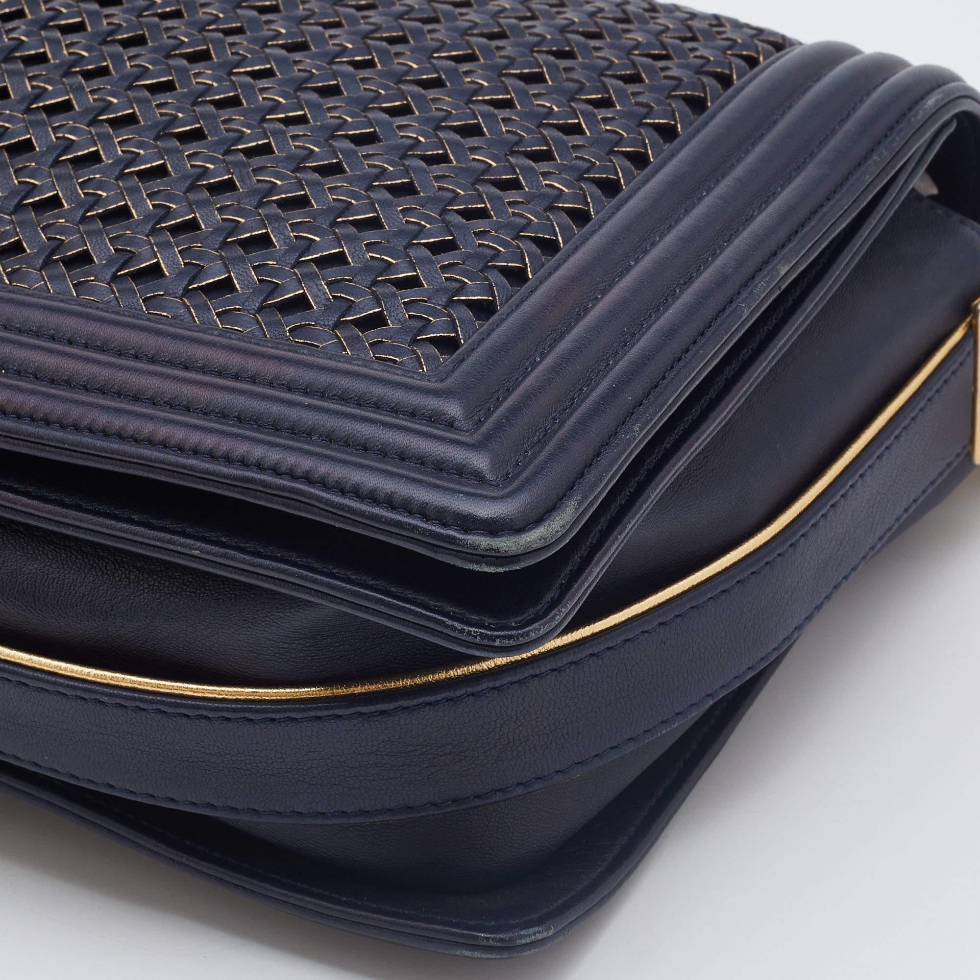 Chanel Navy Blue/Gold Woven Leather New Medium Boy Bag 3