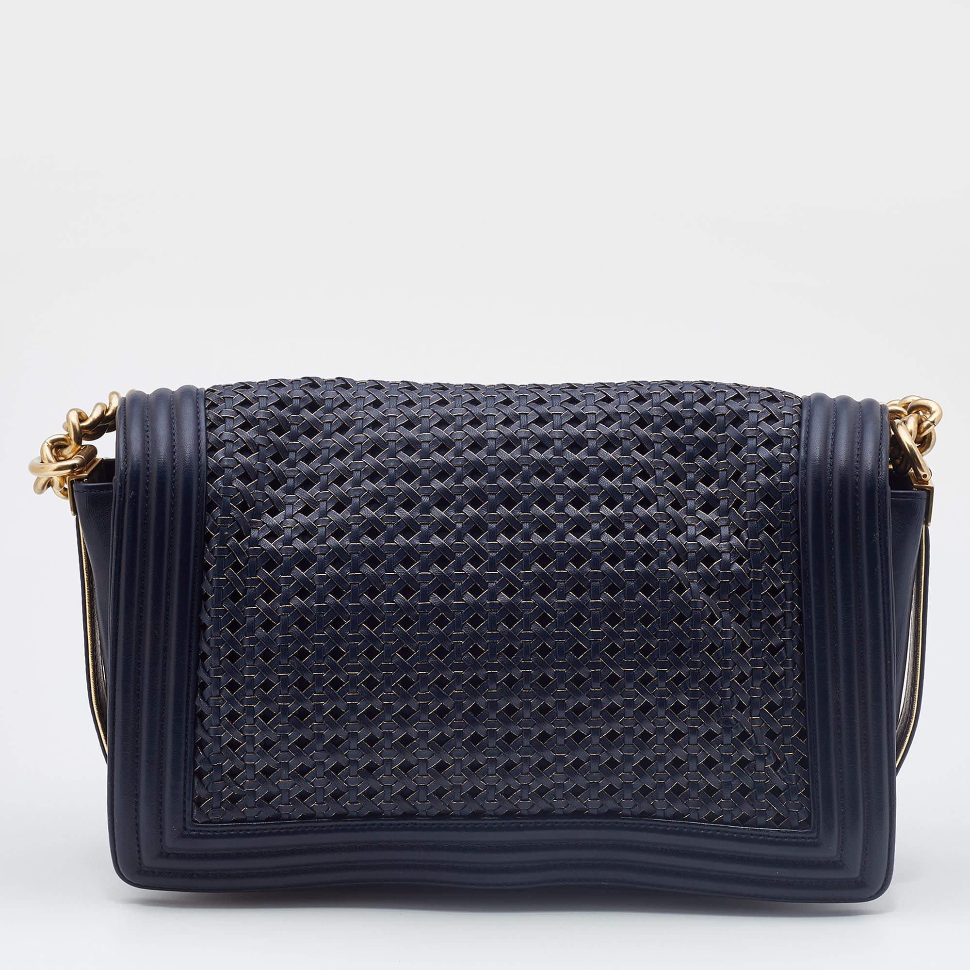 Chanel Navy Blue/Gold Woven Leather New Medium Boy Bag 5
