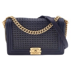 Chanel Navy Blue/Gold Woven Leather New Medium Boy Bag