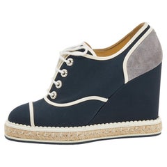 Chanel Navy Blue/Grey Fabric and Suede CC Wedge Sneakers Size 39.5