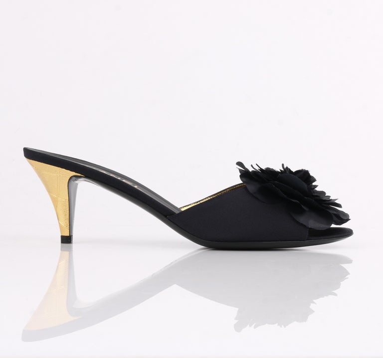 CHANEL Navy Blue Grosgrain Camellia Gold Kitten Heels Mules Slides NIB