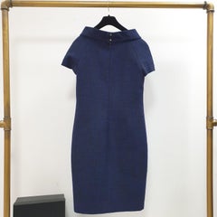 Chanel Navy Blue High Collar Textured Wool Dress