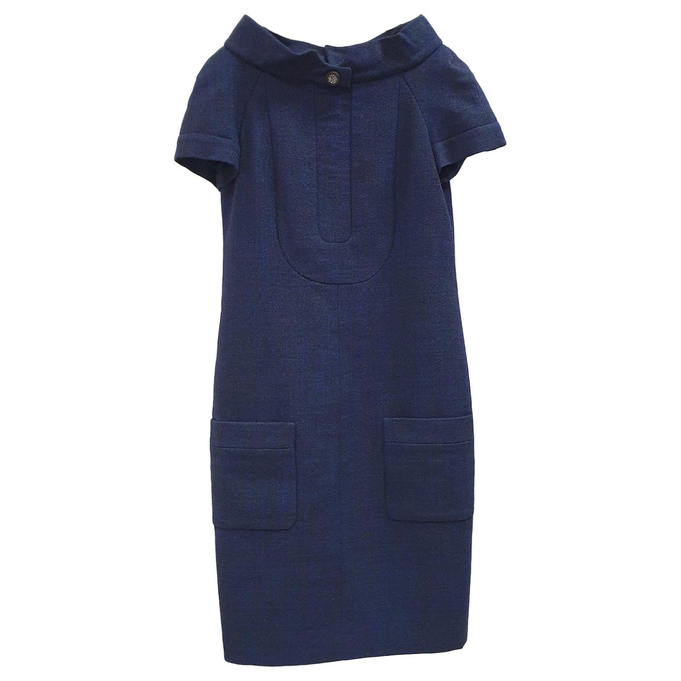 Chanel Navy Blue High Collar Textured Wool Dress