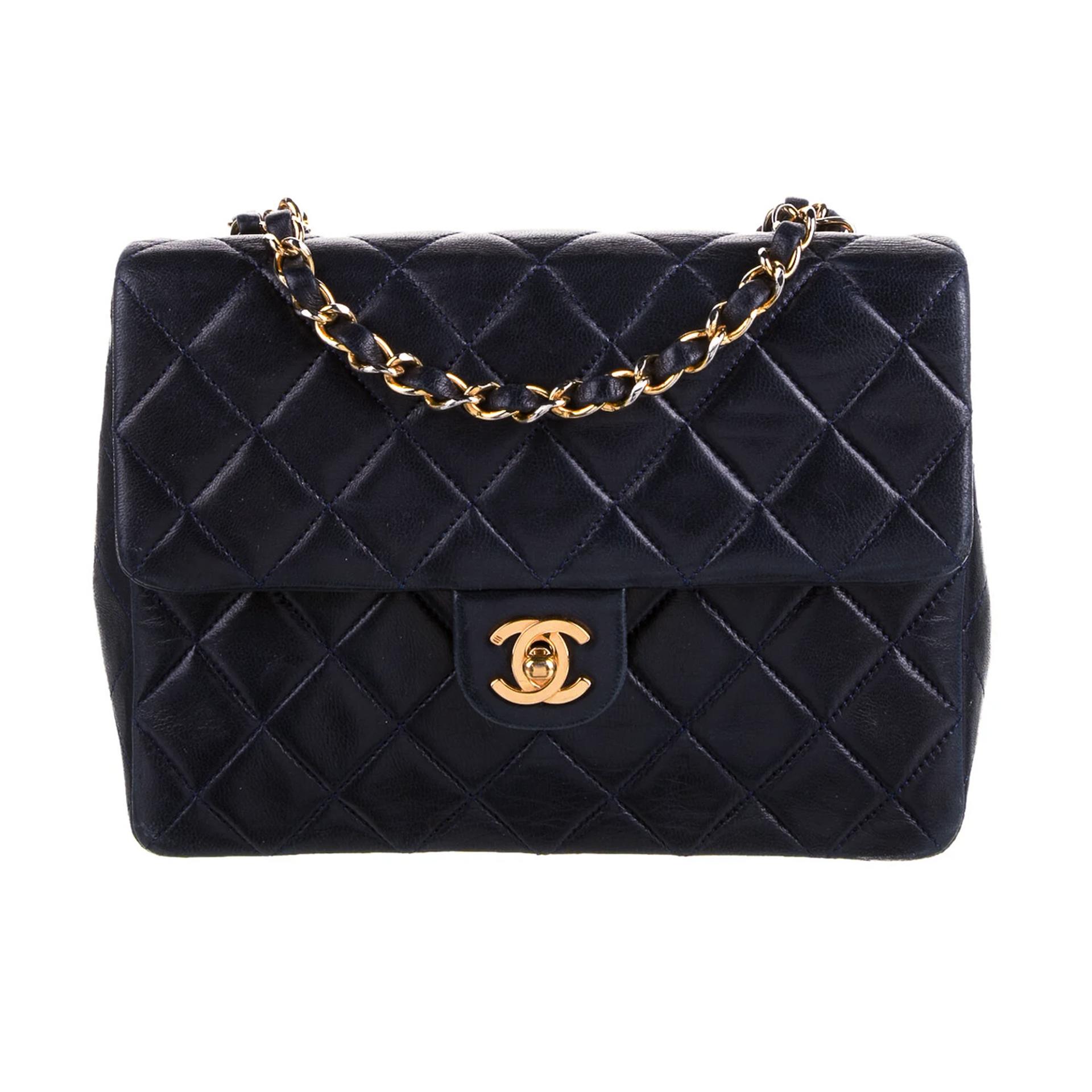Women's Chanel Navy Blue Lambskin Small Square Vintage 90s Classic Flap Bag  For Sale
