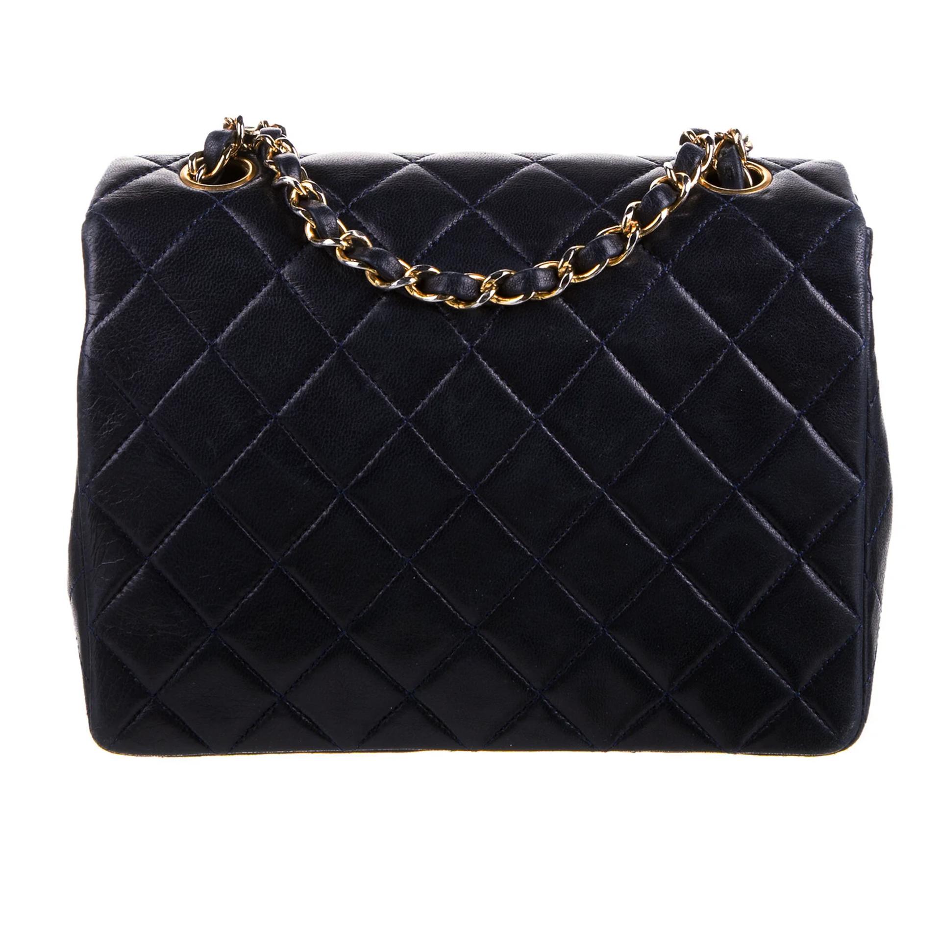 Chanel Marineblaues Lammfell Kleine quadratische Vintage 90s Classic Flap Bag  im Angebot 2