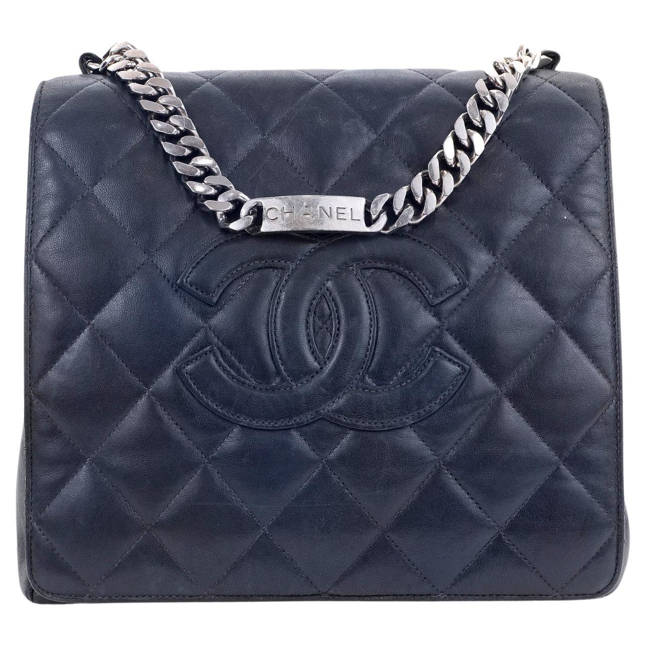 Chanel Navy Blue Lambskin Top Handle Flap Bag