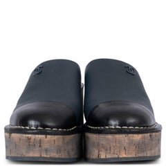 CHANEL navy blue leather 2016 16P CORK PLATFORM CLOGS Pumps Shoes 41 fit 40