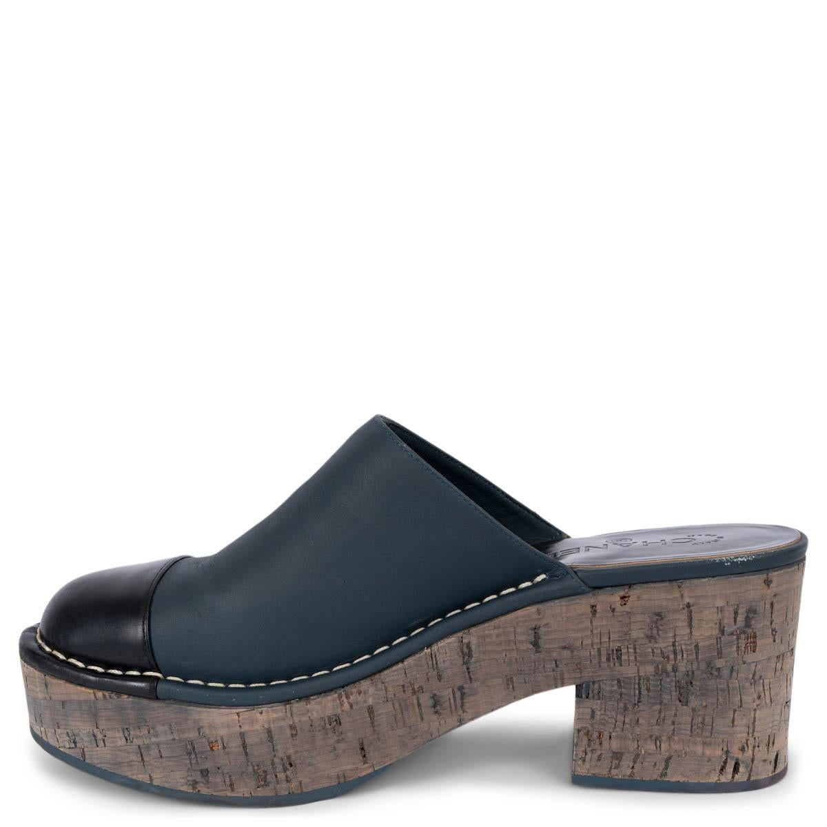 Women's CHANEL navy blue leather 2016 16P CORK PLATFORM CLOGS Pumps Shoes 41 fit 40 For Sale