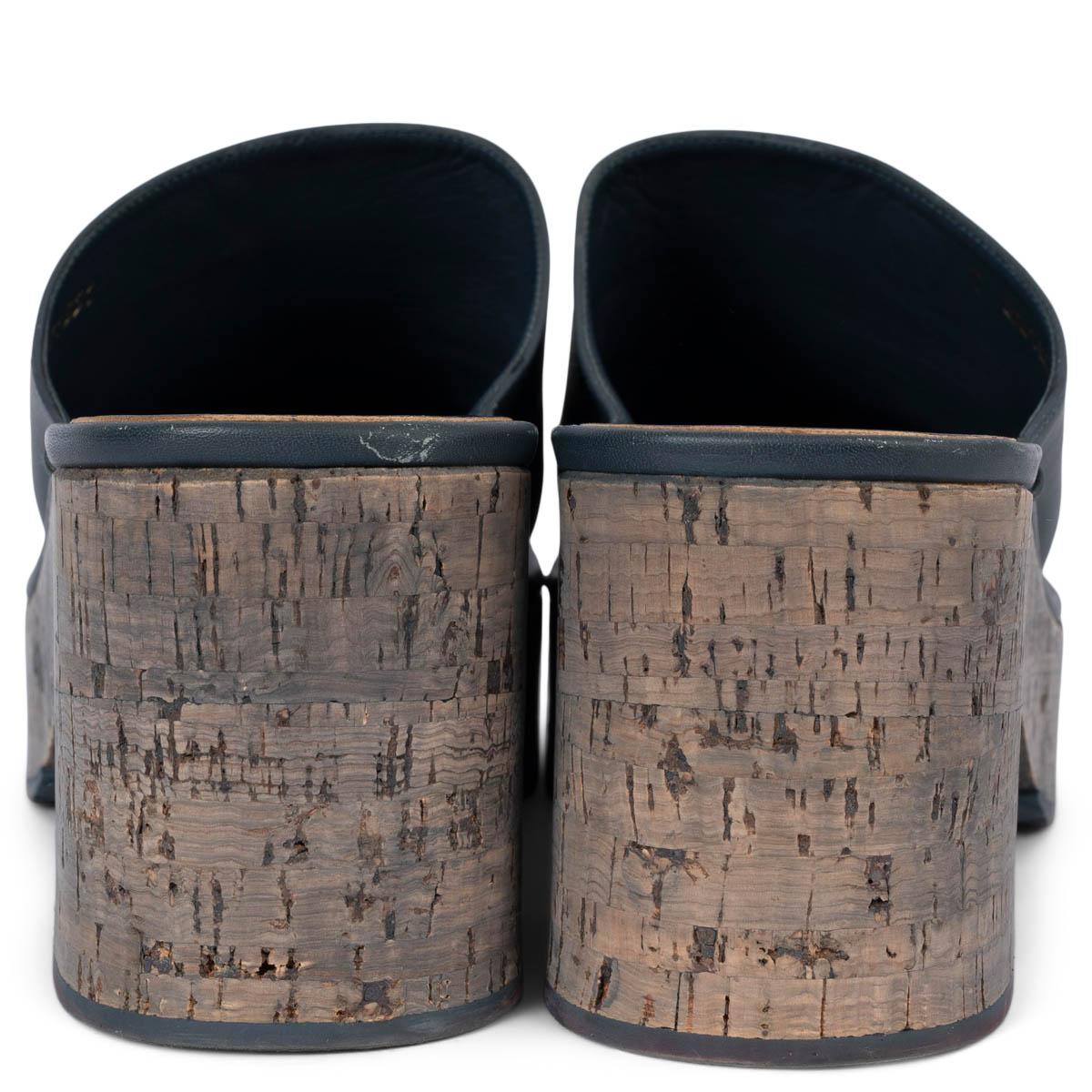 CHANEL navy blue leather 2016 16P CORK PLATFORM CLOGS Pumps Shoes 41 fit 40 For Sale 1