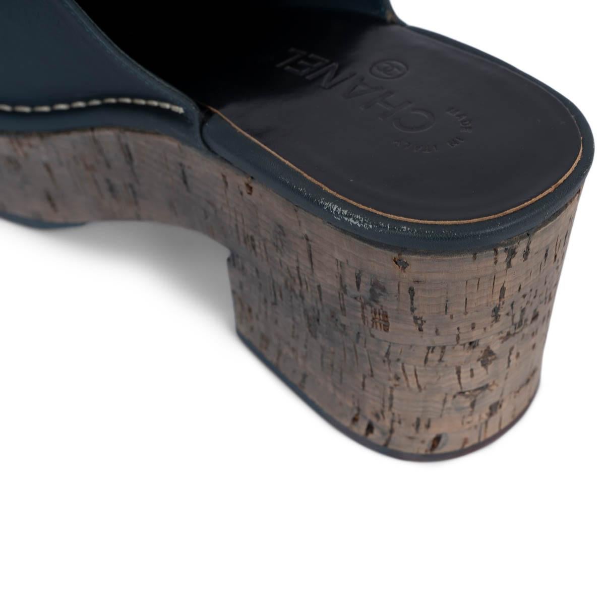 CHANEL navy blue leather 2016 16P CORK PLATFORM CLOGS Pumps Shoes 41 fit 40 For Sale 5