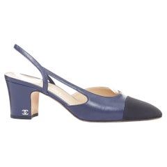 CHANEL navy blue leather black grosgrain cap toe slip on slingback pumps EU38