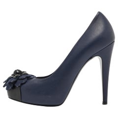 Used Chanel Navy Blue Leather Camelia Cap Toe Pumps Size 37