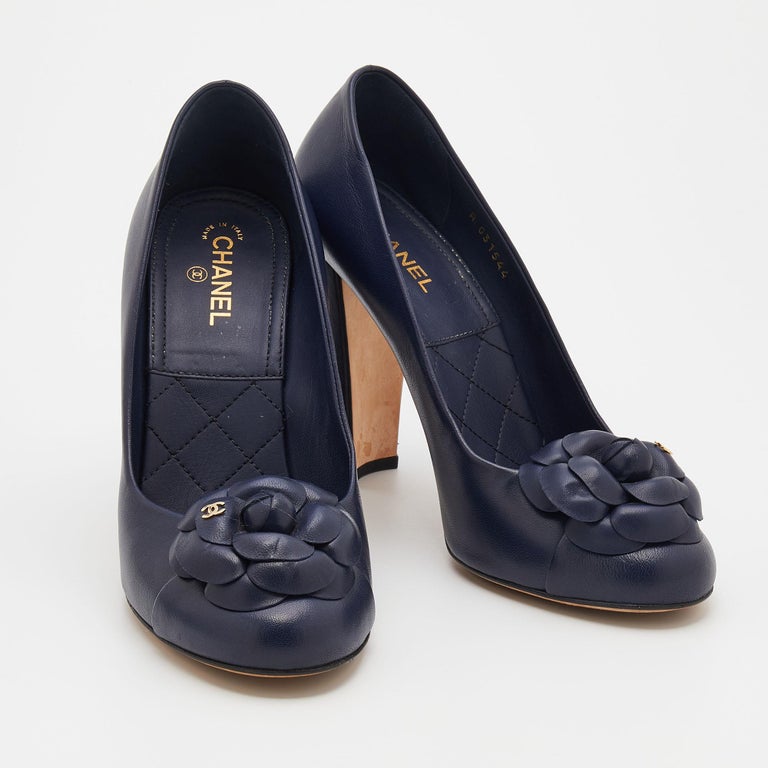Chanel Navy Blue Leather Camellia Block Heel Pumps Size 39