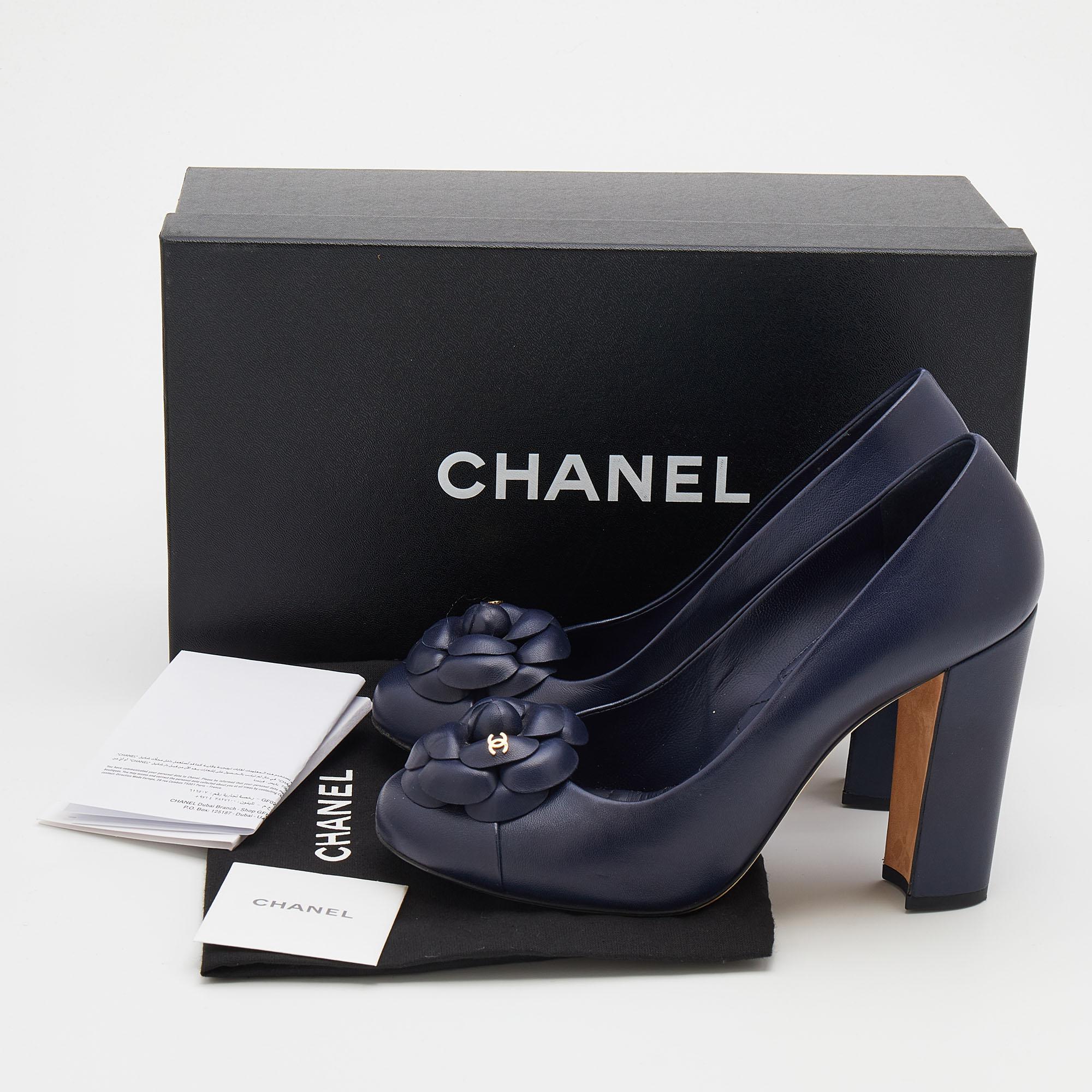 Chanel Navy Blue Leather Camellia Block Heel Pumps Size 39 3
