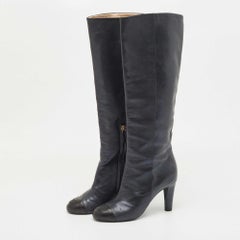 Chanel Navy Blue Leather Cap Toe Knee Length Boots
