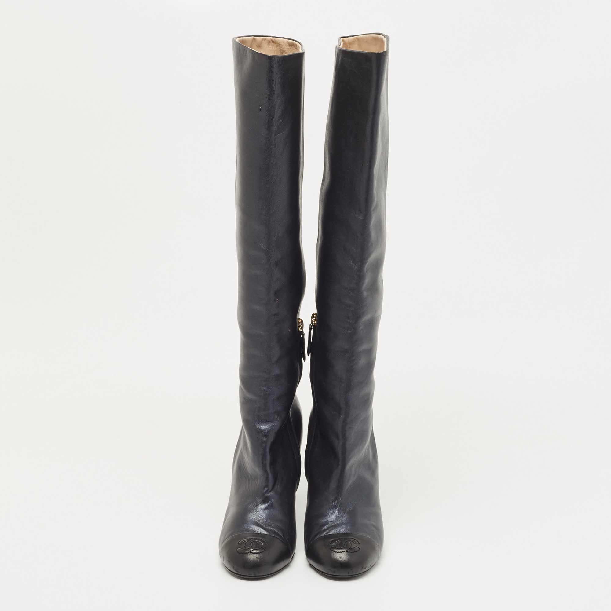 Women's Chanel Navy Blue Leather Cap Toe Knee Length Boots 