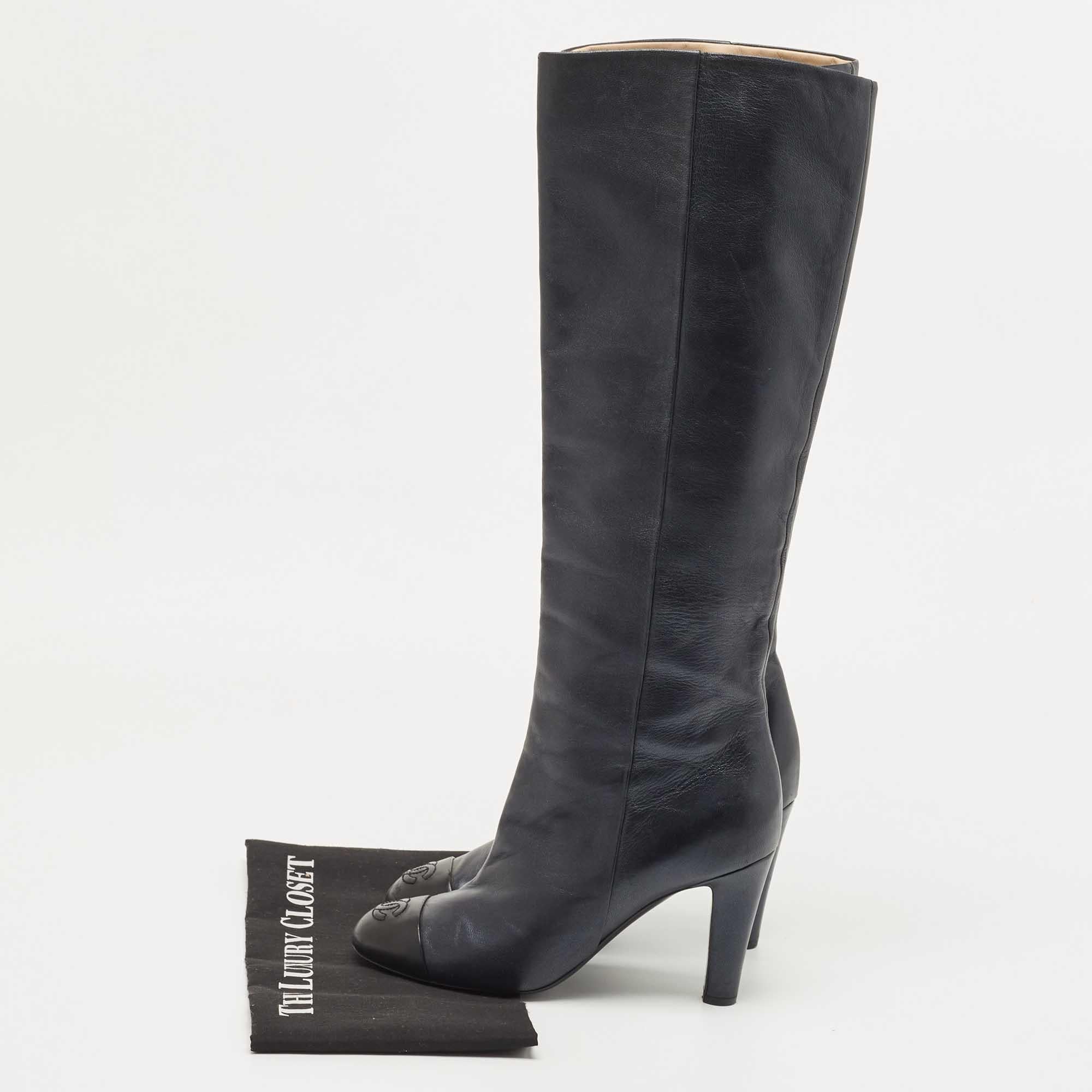 Chanel Navy Blue Leather Cap Toe Knee Length Boots  5