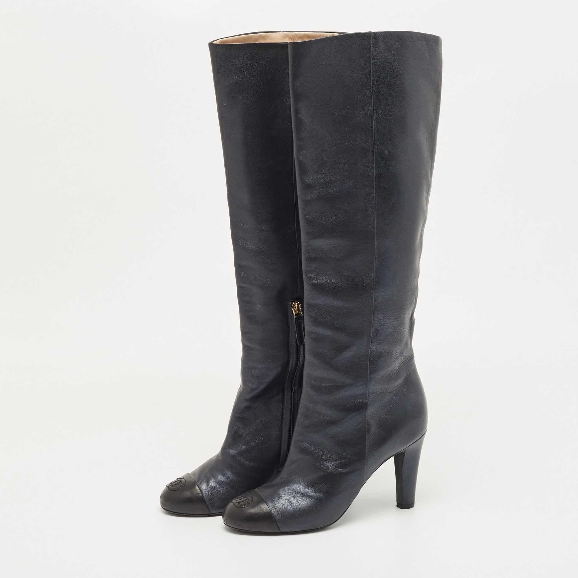 Chanel Navy Blue Leather Cap Toe Knee Length Boots Size 38.5 For Sale 1