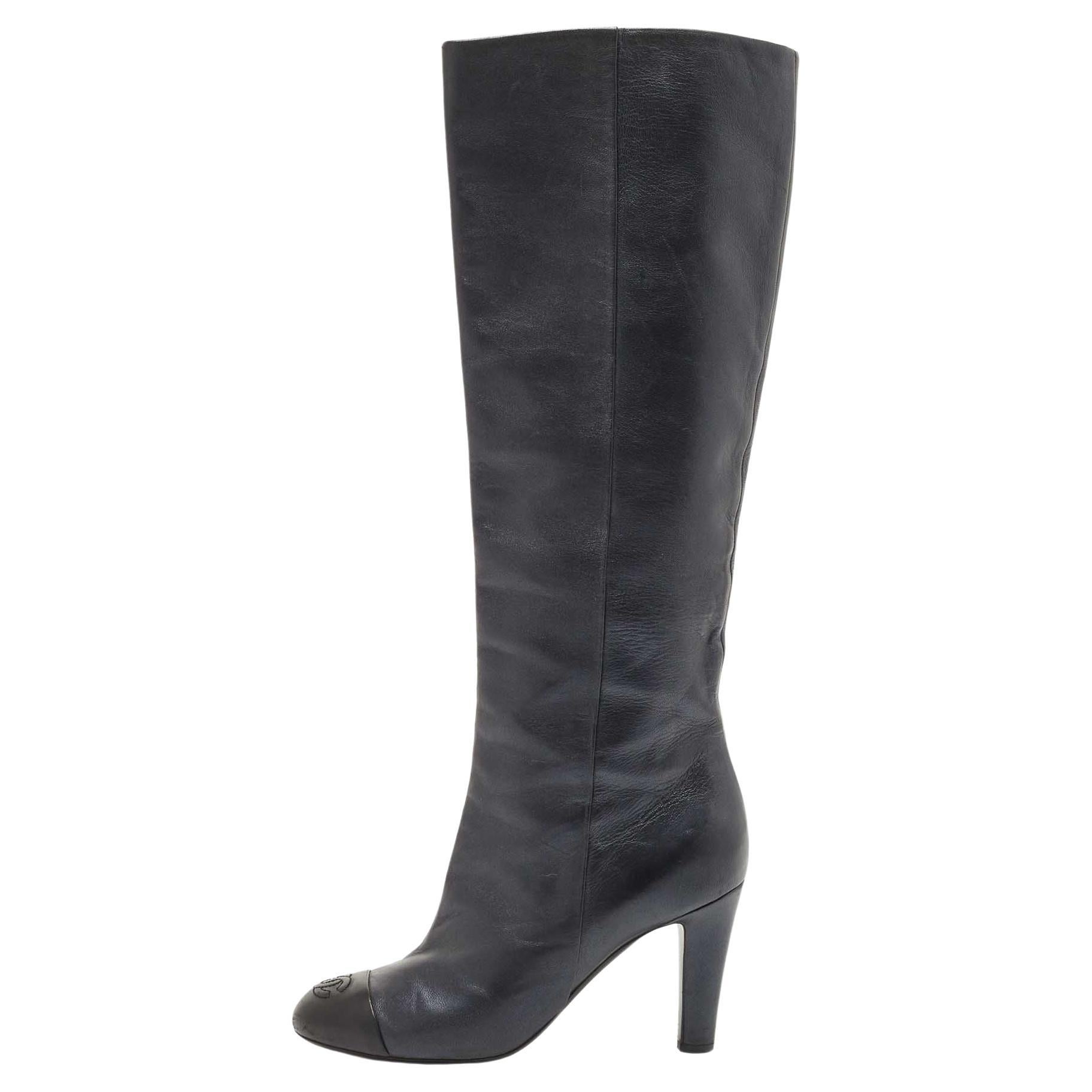 Chanel Navy Blue Leather Cap Toe Knee Length Boots Size 38.5 For Sale