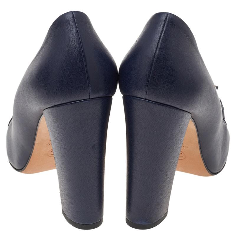 Black Chanel Navy Blue Leather CC Camellia Block Heel Pumps Size 38.5