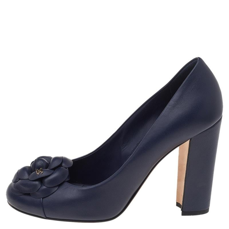 Chanel Navy Blue Leather CC Camellia Block Heel Pumps Size 38.5 1