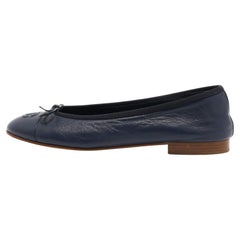 Chanel Navy Blue Leather CC Cap Toe Ballet Flats Size 39